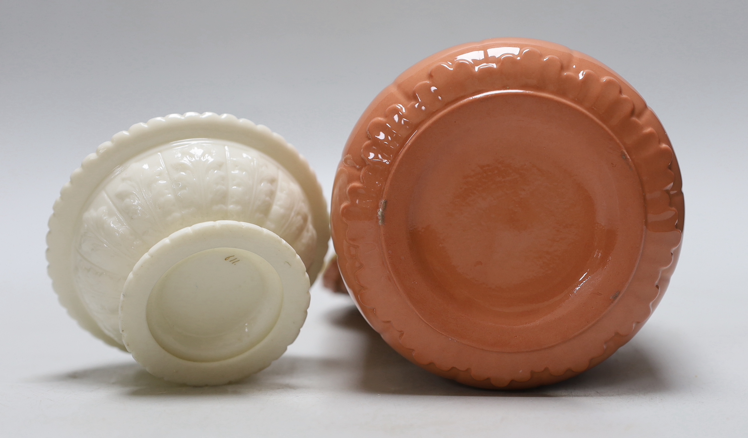 A Grainger’s or Locke Worcester pate-sur-pate jar and cover, the salmon ground decorated with white flowers and a Grainger’s white glaze and gilt pot pourri both c.1880, the largest 15cm high